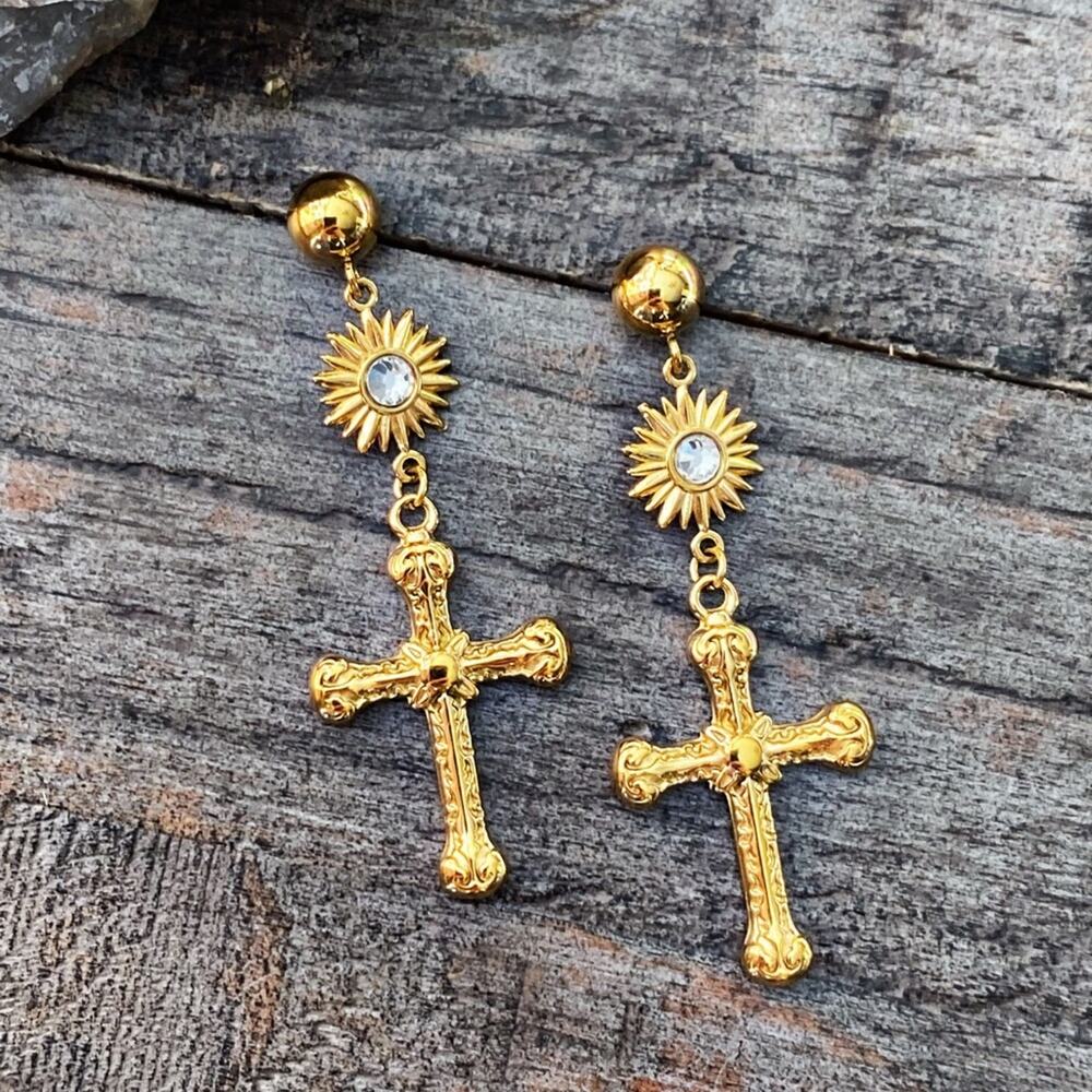 NEW Gold Gothic Cross Dangle Earrings - Picture 3 of 9